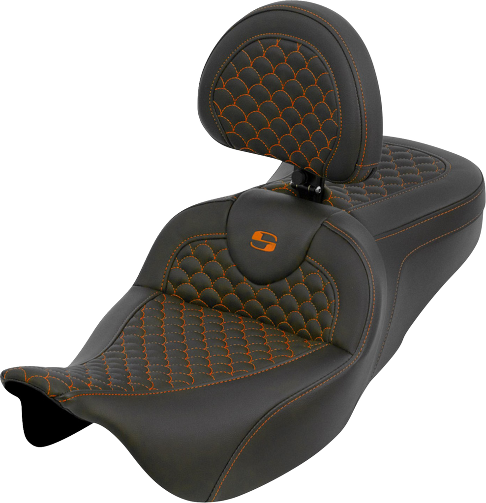SADDLEMEN RoadSofa™ Seat with Backrest - Dragon Scale Orange Stitch for Touring Motorcycles 2008-2025