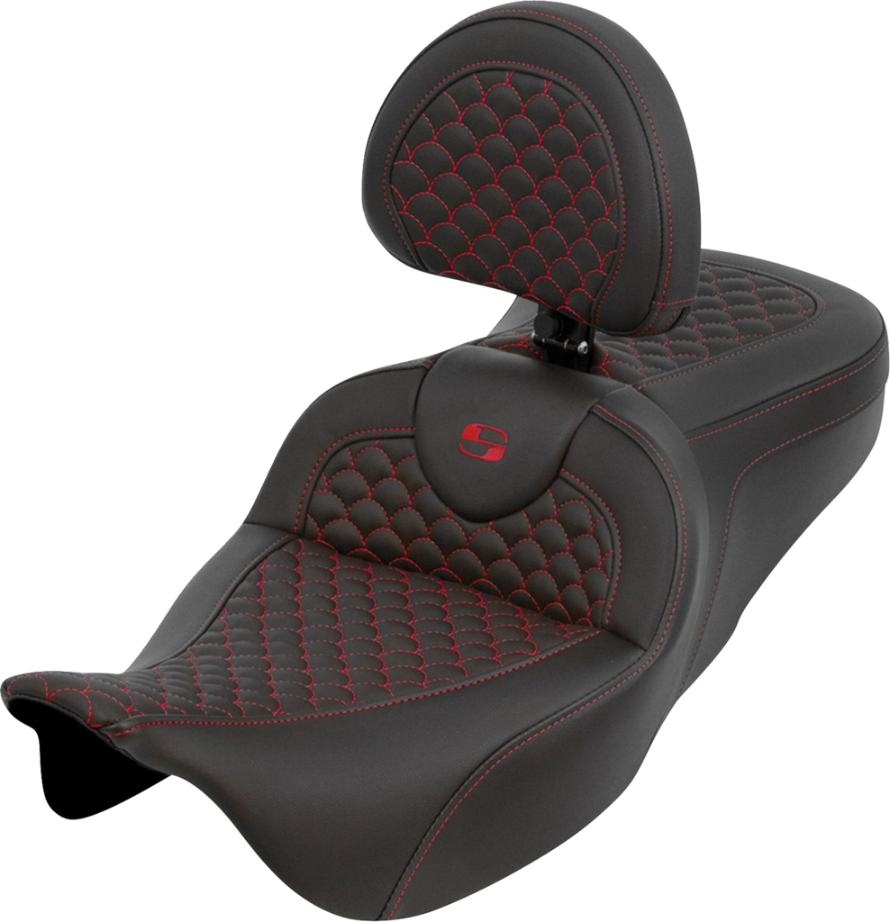 SADDLEMEN RoadSofa™ Seat with Backrest – Dragon Scale Pattern, Red Stitch – Fits Harley Touring '08-'25, Part Number 808-07B-208B4