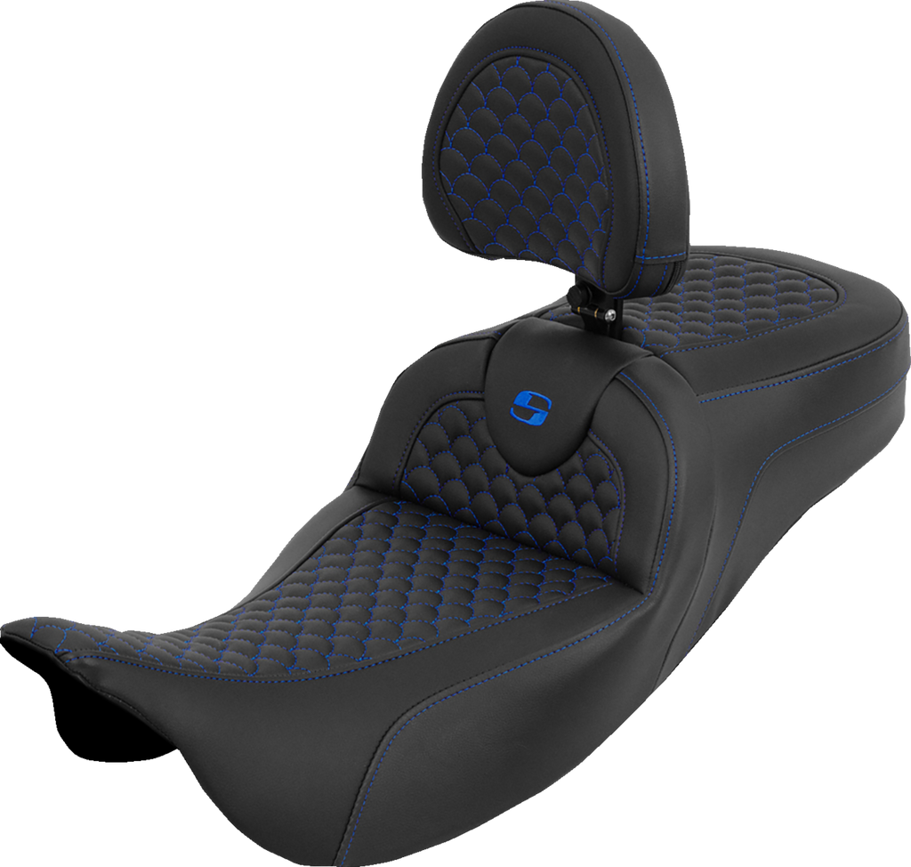 SADDLEMEN Extended Reach RoadSofa™ Seat with Backrest - Dragon Scale Pattern, Blue Stitch, Compatible with Harley Touring Models 2008-2025