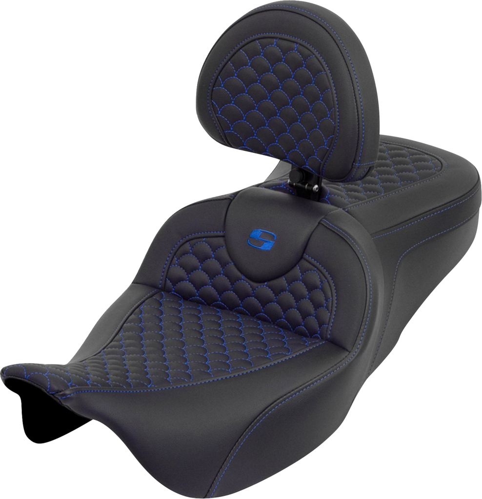 SADDLEMEN RoadSofa™ Seat with Backrest for Touring Bikes (2008-2025) - Dragon Scale Blue Stitch, Part 808-07B-208B1