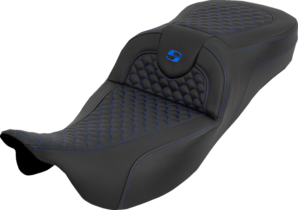 SADDLEMEN Extended Reach RoadSofa™ Seat for FLH/FLT 2008-2025 with Dragon Scale Blue Stitch - Part 808-07B-20901