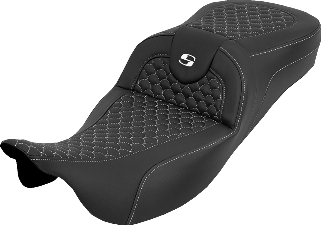 SADDLEMEN Extended Reach RoadSofa™ Seat for FLH/FLT 2008-2025 - Dragon Scale White Stitch