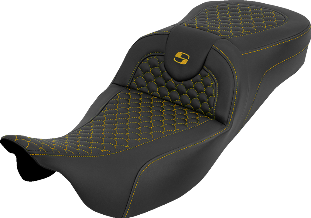SADDLEMEN Extended Reach RoadSofa™ Seat for FLH/FLT 2008-2025 - Dragon Scale Finish with Gold Stitch