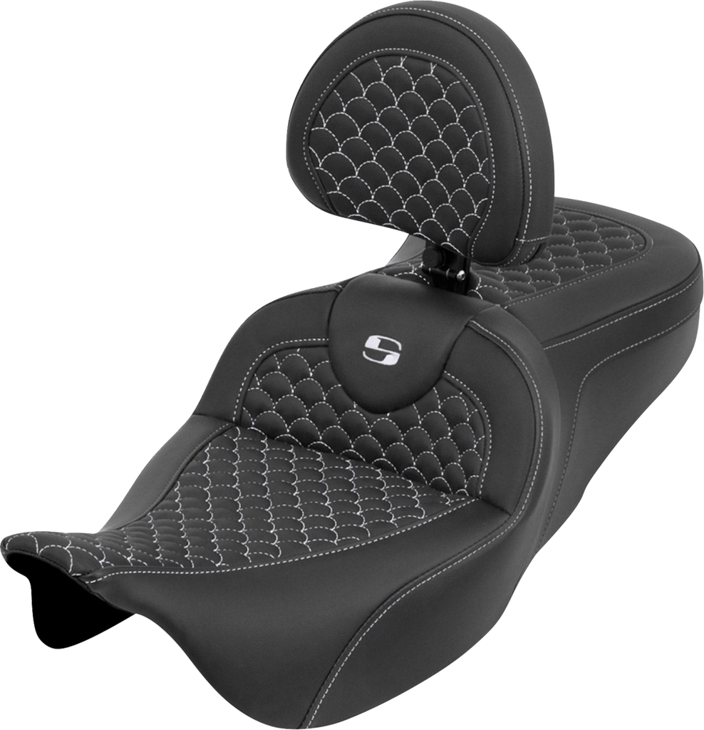 SADDLEMEN RoadSofa™ Seat with Backrest – Dragon Scale White Stitch for Touring Motorcycles 2008-2025 Part 808-07B-208B6