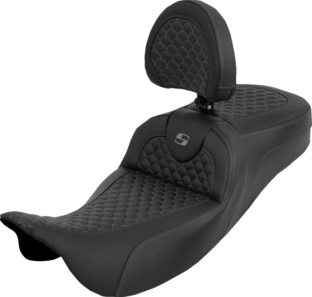 SADDLEMEN Extended Reach RoadSofa™ Seat with Backrest for Touring Models 2008-2025, Dragon Scale Gray Stitch - Part 808-07B-209B2
