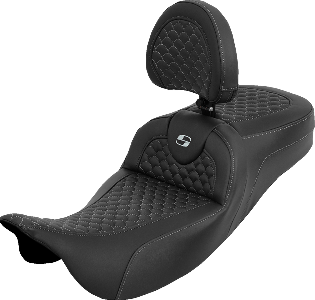 SADDLEMEN Extended Reach RoadSofa™ Seat with Backrest - Dragon Scale Silver Stitch for Touring Bikes 2008-2025 Part 808-07B-209B5