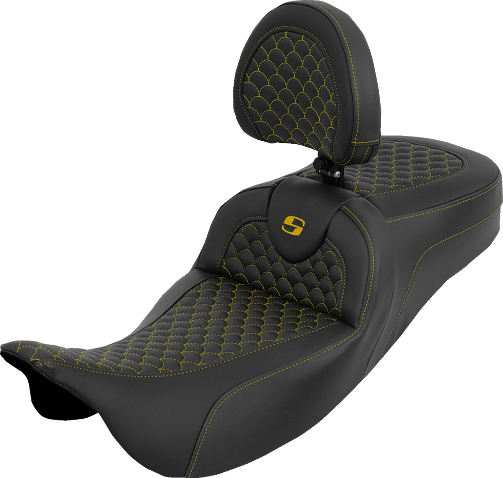 SADDLEMEN Extended Reach RoadSofa™ Seat with Backrest – Dragon Scale Pattern, Gold Stitch, Touring 2008-2025 – Part 808-07B-209B7
