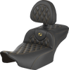 SADDLEMEN Extended Reach Roadsofa™ Seat with Backrest for FLH/FLT 2023-2025 – Carbon Fiber Finish, Gold Lattice Stitch, Part Number 823-07-207B7