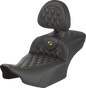 SADDLEMEN Extended Reach Roadsofa™ Seat with Backrest for FLH/FLT 2023-2025 – Carbon Fiber Finish, Gold Lattice Stitch, Part Number 823-07-207B7