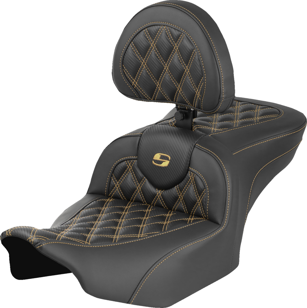 SADDLEMEN Roadsofa™ Seat with Backrest for FLH/FLT 2023-2025 – Carbon Fiber Weave and Gold Lattice Stitch