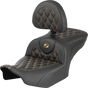 SADDLEMEN Roadsofa™ Seat with Backrest for FLH/FLT 2023-2025 – Carbon Fiber Weave and Gold Lattice Stitch