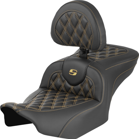 SADDLEMEN Roadsofa™ Seat with Backrest for FLH/FLT 2023-2025 – Carbon Fiber Weave and Gold Lattice Stitch