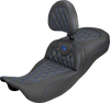 SADDLEMEN Extended Reach Roadsofa™ Carbon Fiber Seat with Backrest - Lattice Blue Stitch for FL 2008-2025, Part #808-07B-207B1