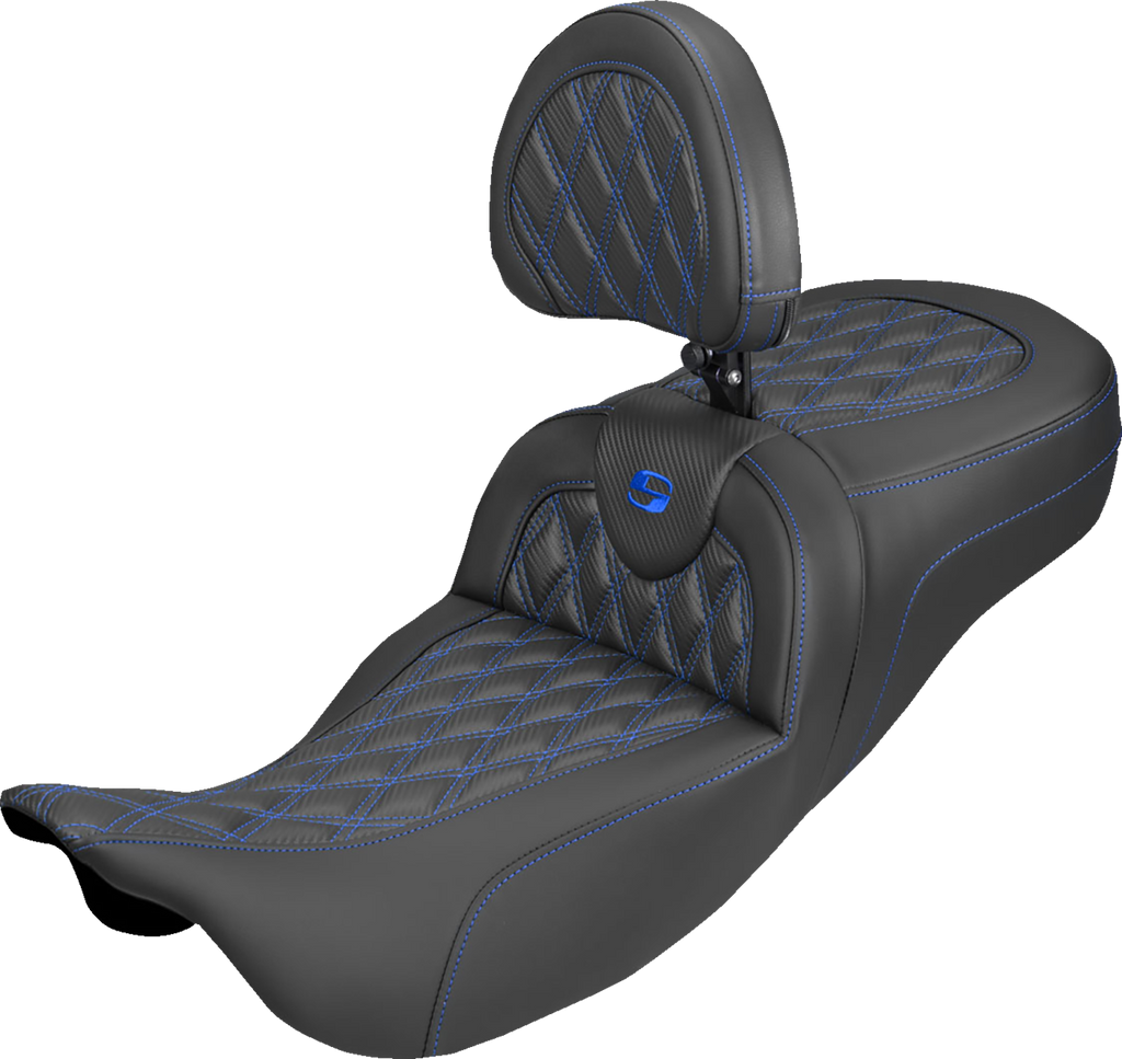 SADDLEMEN Extended Reach Roadsofa™ Carbon Fiber Seat with Backrest - Lattice Blue Stitch for FL 2008-2025, Part #808-07B-207B1