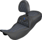 SADDLEMEN Extended Reach Roadsofa™ Carbon Fiber Seat with Backrest - Lattice Blue Stitch for FL 2008-2025, Part #808-07B-207B1
