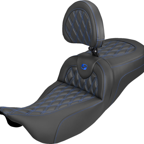 SADDLEMEN Extended Reach Roadsofa™ Carbon Fiber Seat with Backrest - Lattice Blue Stitch for FL 2008-2025, Part #808-07B-207B1