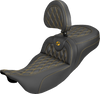 SADDLEMEN Extended Reach Roadsofa™ Carbon Fiber Seat with Backrest - Lattice Gold Stitch for FL '08-'25 (Part #808-07B-207B7)