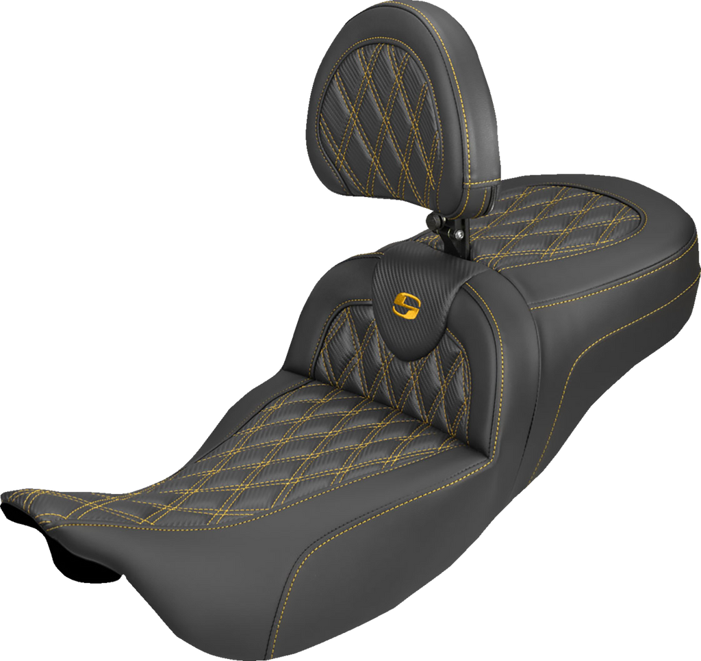 SADDLEMEN Extended Reach Roadsofa™ Carbon Fiber Seat with Backrest - Lattice Gold Stitch for FL '08-'25 (Part #808-07B-207B7)