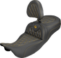 SADDLEMEN Extended Reach Roadsofa™ Carbon Fiber Seat with Backrest - Lattice Gold Stitch for FL '08-'25 (Part #808-07B-207B7)