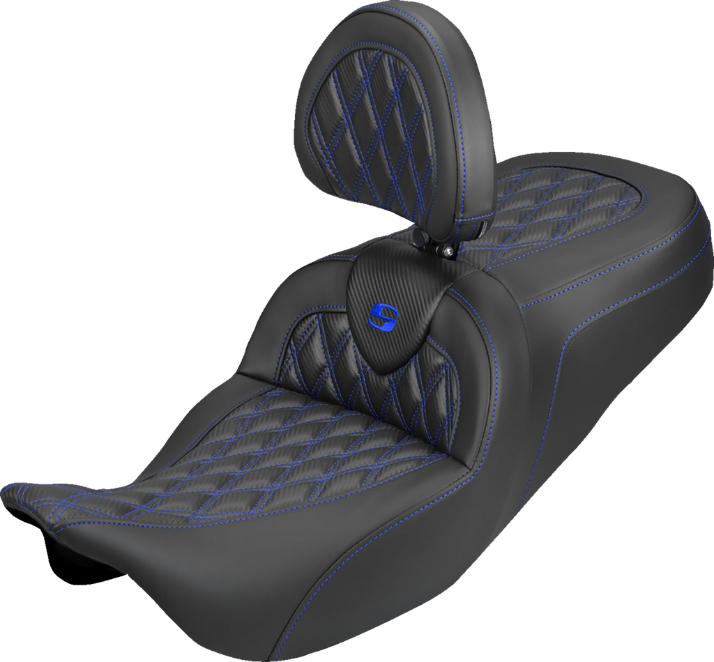SADDLEMEN Roadsofa™ Carbon Fiber Seat with Backrest for FLH/FLT 2008-2025 – Lattice Blue Stitch, Part 808-07B-206B1