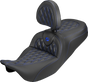 SADDLEMEN Roadsofa™ Carbon Fiber Seat with Backrest for FLH/FLT 2008-2025 – Lattice Blue Stitch, Part 808-07B-206B1
