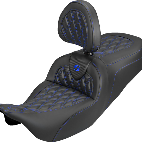 SADDLEMEN Roadsofa™ Carbon Fiber Seat with Backrest for FLH/FLT 2008-2025 – Lattice Blue Stitch, Part 808-07B-206B1