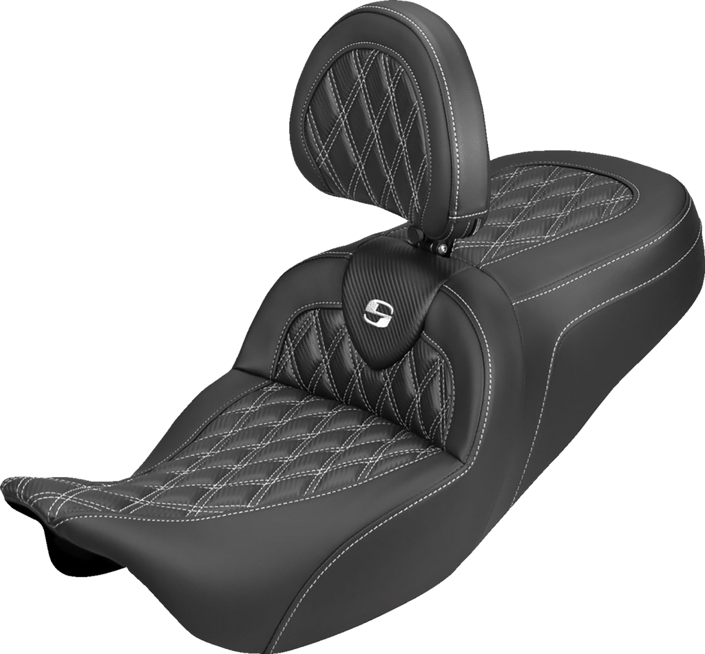 SADDLEMEN Roadsofa™ Carbon Fiber Seat with Backrest for FLH/FLT 2008-2025 - Lattice Design in White Stitch Part 808-07B-206B6