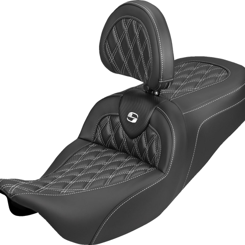 SADDLEMEN Roadsofa™ Carbon Fiber Seat with Backrest for FLH/FLT 2008-2025 - Lattice Design in White Stitch Part 808-07B-206B6