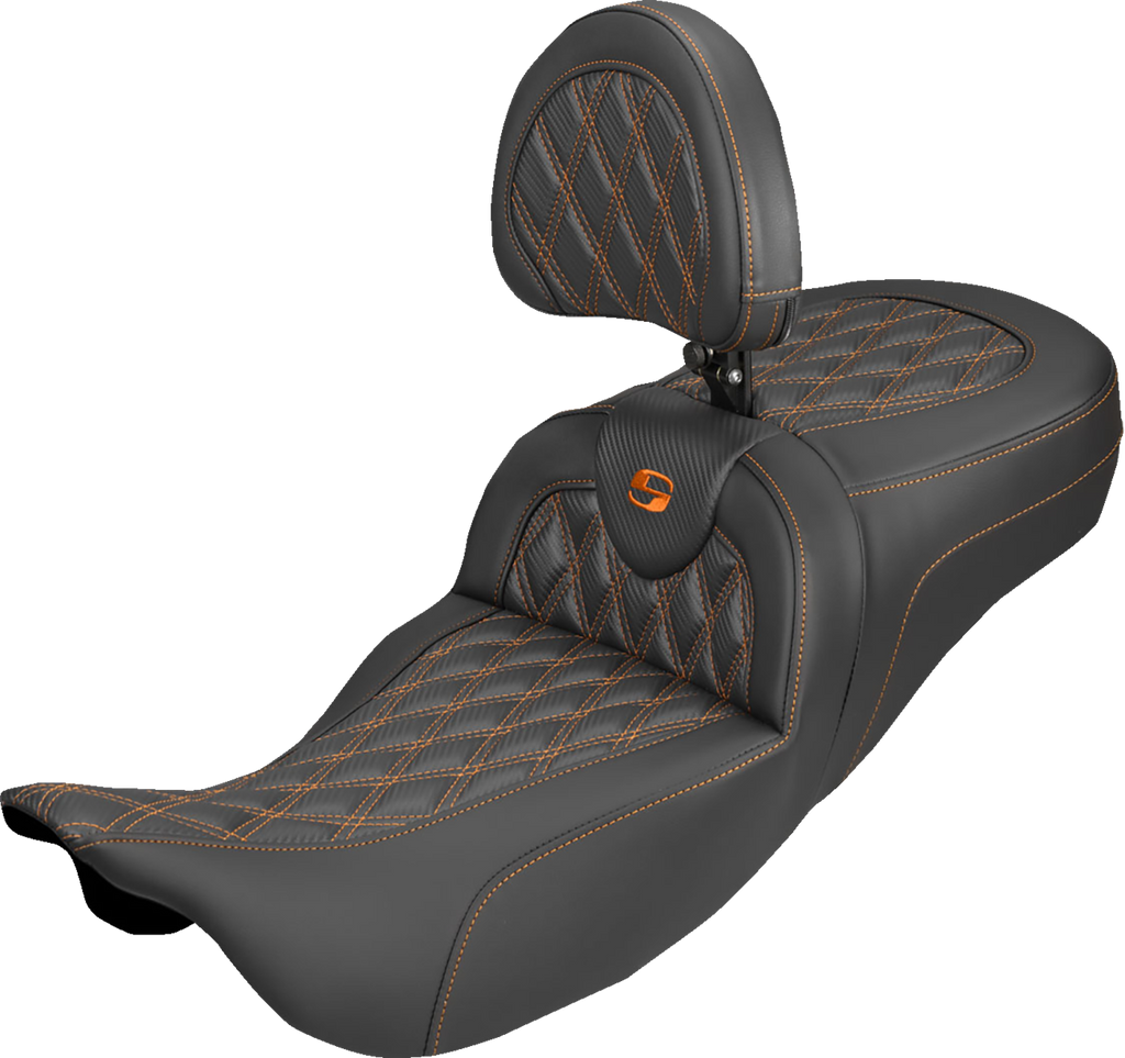 SADDLEMEN Extended Reach Roadsofa™ Carbon Fiber Seat with Backrest for FL '08-'25 - Lattice Orange Stitch Part 808-07B-207B3