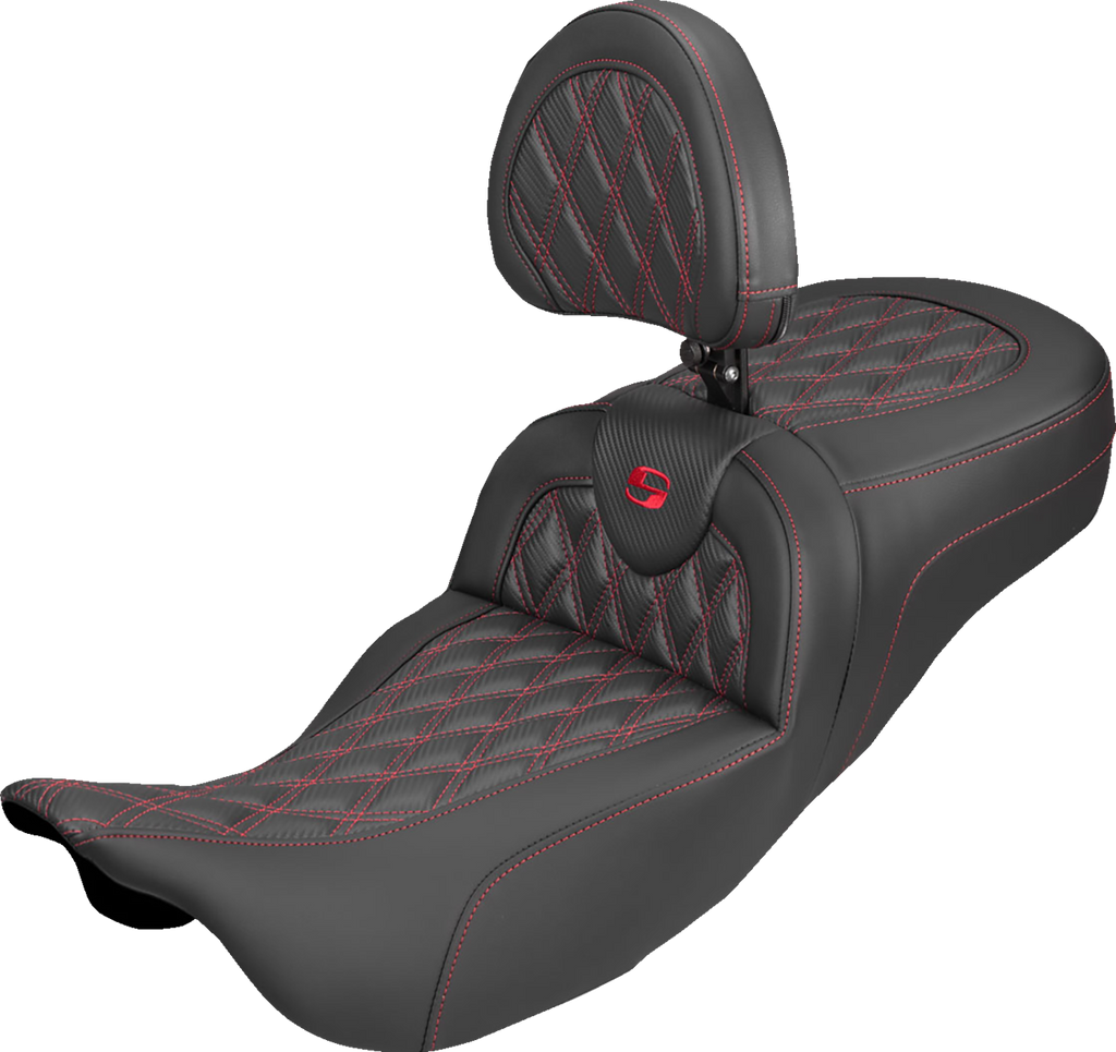 SADDLEMEN Extended Reach Roadsofa™ Carbon Fiber Seat with Backrest, Lattice Design, Red Stitch - Fits FL 2008-2025