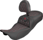 SADDLEMEN Extended Reach Roadsofa™ Carbon Fiber Seat with Backrest, Lattice Design, Red Stitch - Fits FL 2008-2025