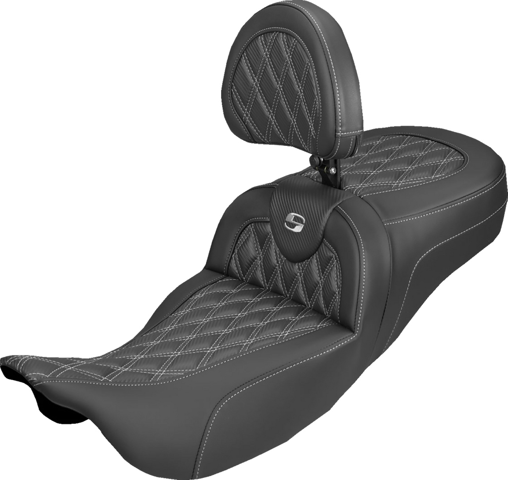 SADDLEMEN Extended Reach Roadsofa™ Carbon Fiber Seat with Backrest - Lattice Silver Stitch, Fits FL 2008-2025, Part Number 808-07B-207B5