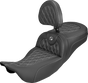 SADDLEMEN Extended Reach Roadsofa™ Carbon Fiber Seat with Backrest - Lattice Silver Stitch, Fits FL 2008-2025, Part Number 808-07B-207B5