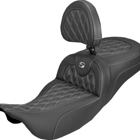 SADDLEMEN Extended Reach Roadsofa™ Carbon Fiber Seat with Backrest - Lattice Silver Stitch, Fits FL 2008-2025, Part Number 808-07B-207B5