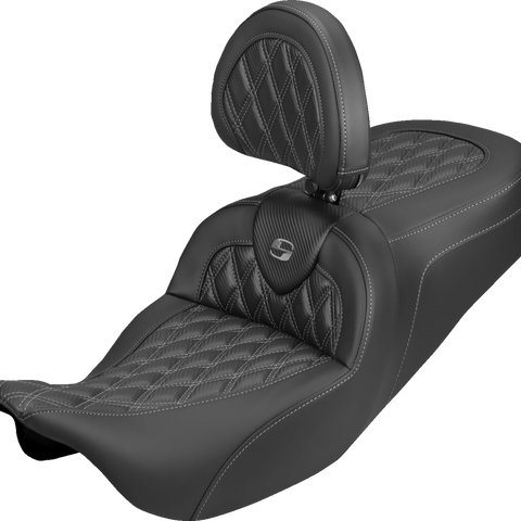 SADDLEMEN Roadsofa™ Carbon Fiber Seat with Backrest for FLH/FLT 2008-2025 – Lattice Gray Stitch, Part 808-07B-206B2