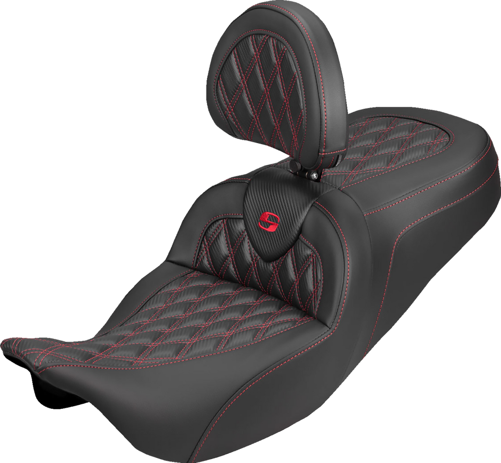 SADDLEMEN Roadsofa™ Carbon Fiber Seat with Backrest for FLH/FLT 2008-2025 – Lattice Pattern with Red Stitch, Part #808-07B-206B4