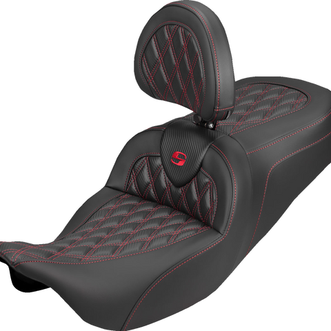 SADDLEMEN Roadsofa™ Carbon Fiber Seat with Backrest for FLH/FLT 2008-2025 – Lattice Pattern with Red Stitch, Part #808-07B-206B4