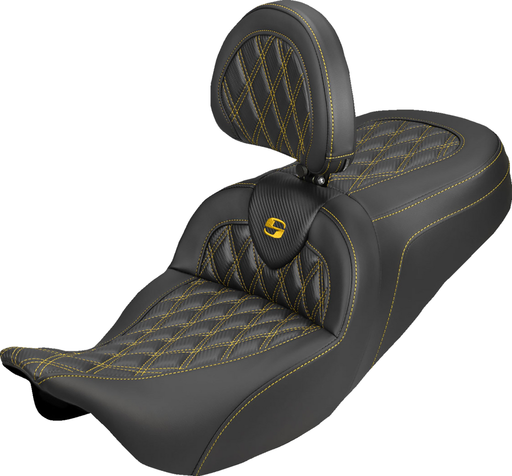 SADDLEMEN Roadsofa™ Carbon Fiber Seat with Backrest for FLH/FLT 2008-2025 – Lattice Gold Stitch, Model 808-07B-206B7