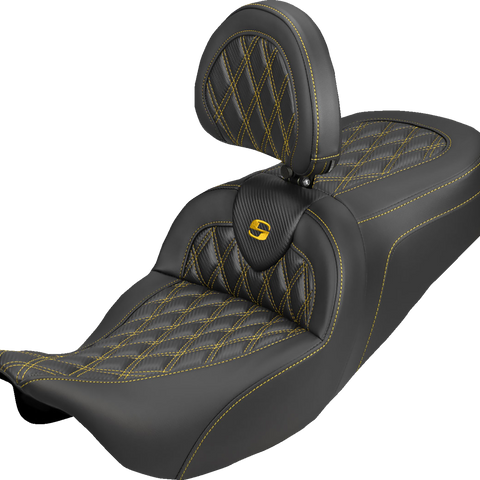 SADDLEMEN Roadsofa™ Carbon Fiber Seat with Backrest for FLH/FLT 2008-2025 – Lattice Gold Stitch, Model 808-07B-206B7