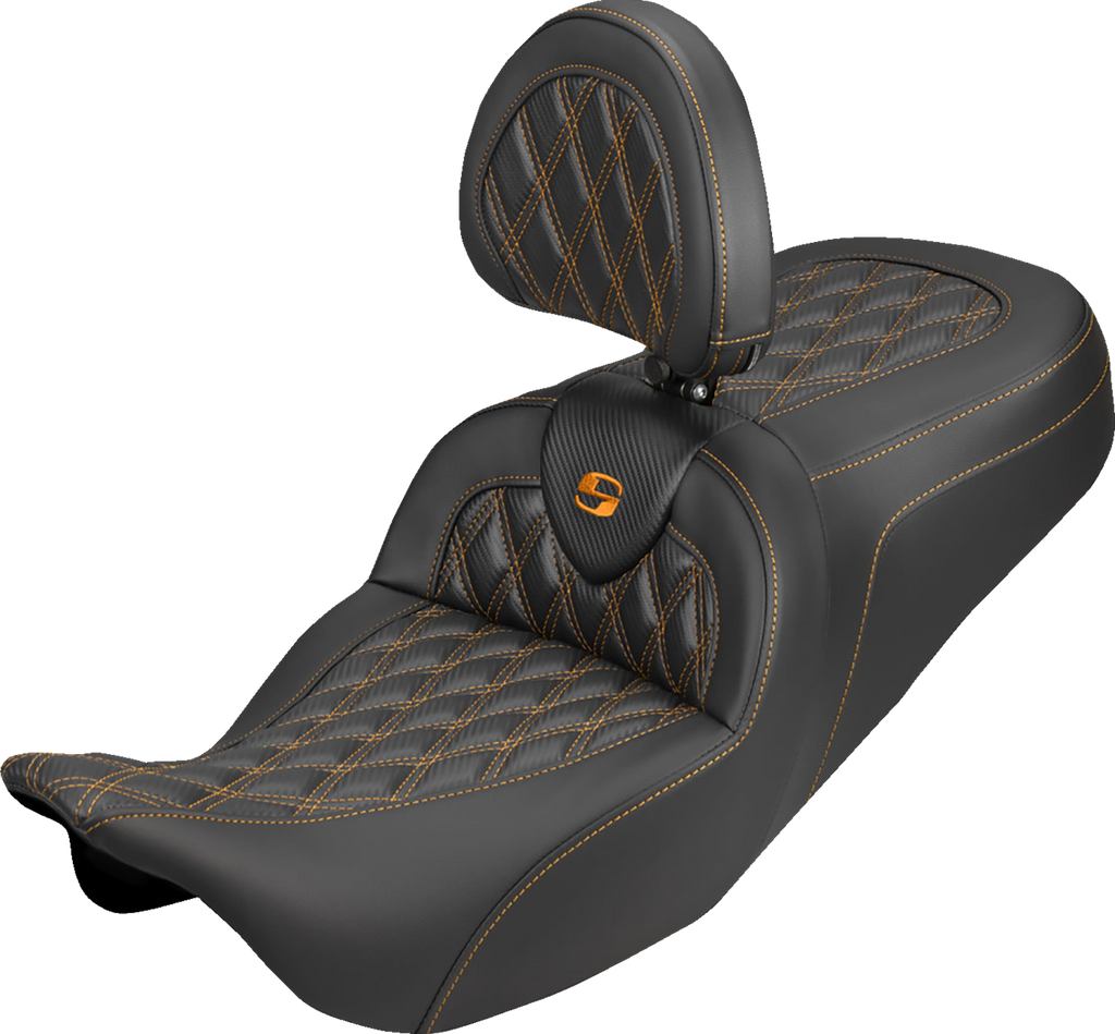 SADDLEMEN Roadsofa™ Carbon Fiber Seat with Backrest for FLH/FLT 2008-2025 - Lattice Orange Stitch Part 808-07B-206B3