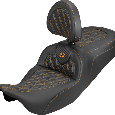 SADDLEMEN Roadsofa™ Carbon Fiber Seat with Backrest for FLH/FLT 2008-2025 - Lattice Orange Stitch Part 808-07B-206B3