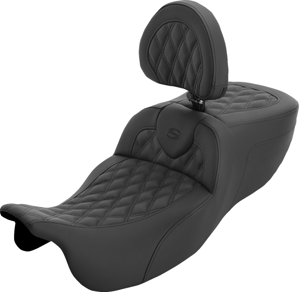 SADDLEMEN Roadsofa™ Extended Reach Seat with Backrest for FLRT/FLTRT '15-'25 – Lattice Stitch, Part 815-07-184BR