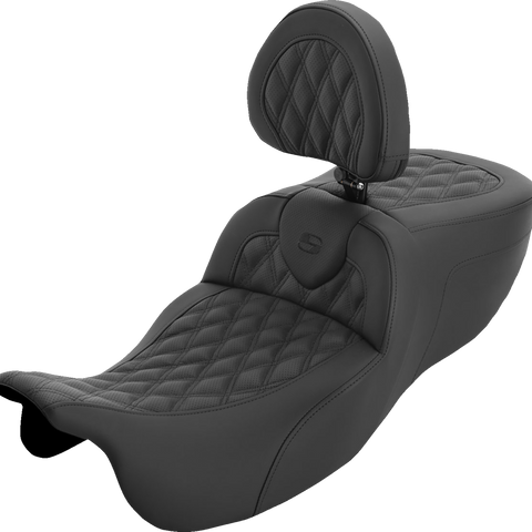 SADDLEMEN Roadsofa™ Extended Reach Seat with Backrest for FLRT/FLTRT '15-'25 – Lattice Stitch, Part 815-07-184BR