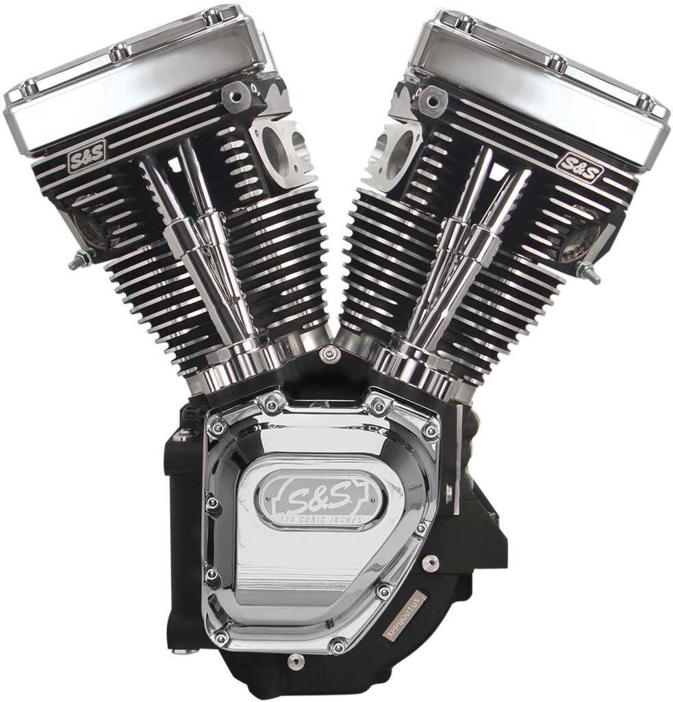 S&S Cycle T124 Long Block Engine with Wrinkle Black Finish and Chrome Details for Touring and Dyna Models - Part 310-0282A