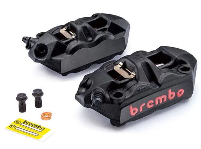 BREMBO Brake Caliper Set, P4 34mm, M4, Cast Monobloc, 108mm Radial Mount, Front, Black w/ Red Lettering - Team Dream Rides