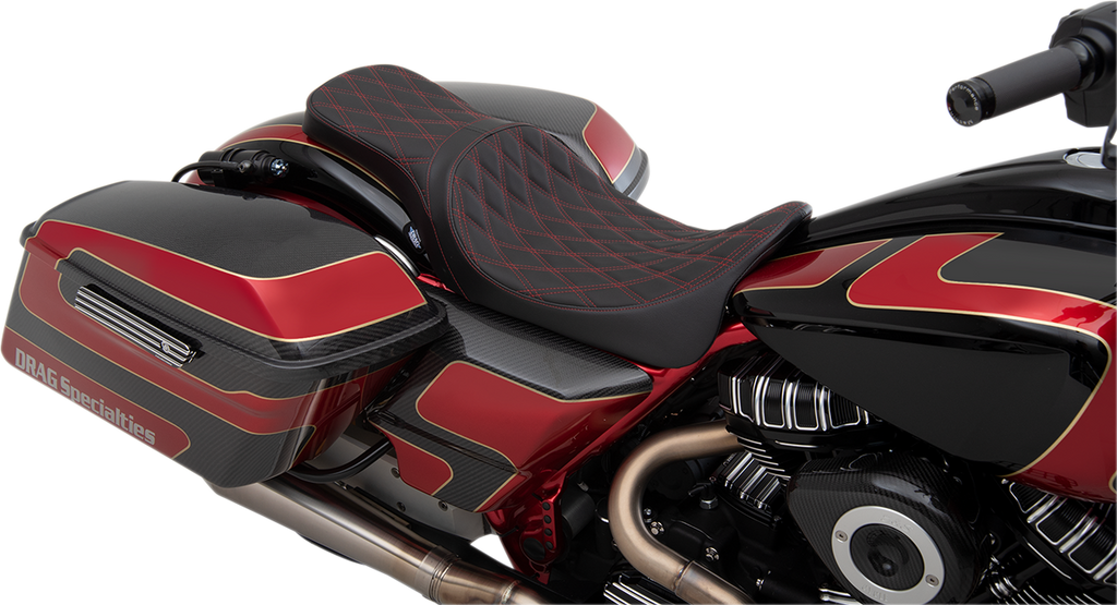 DRAG SPECIALTIES SEATS Predator 2-Up Seat - Double DIamond - Red Stitching - Solar Leather Predator 2-Up Seat - Team Dream Rides