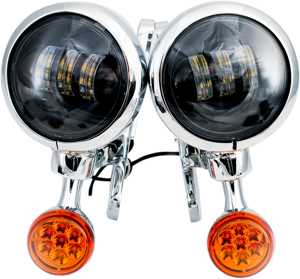 RIVCO PRODUCTS LED Turn/Run Lights 4-1/2" - Chrome/Black Light Brackets with LED Auxiliary Lights and Turn Signals - Team Dream Rides