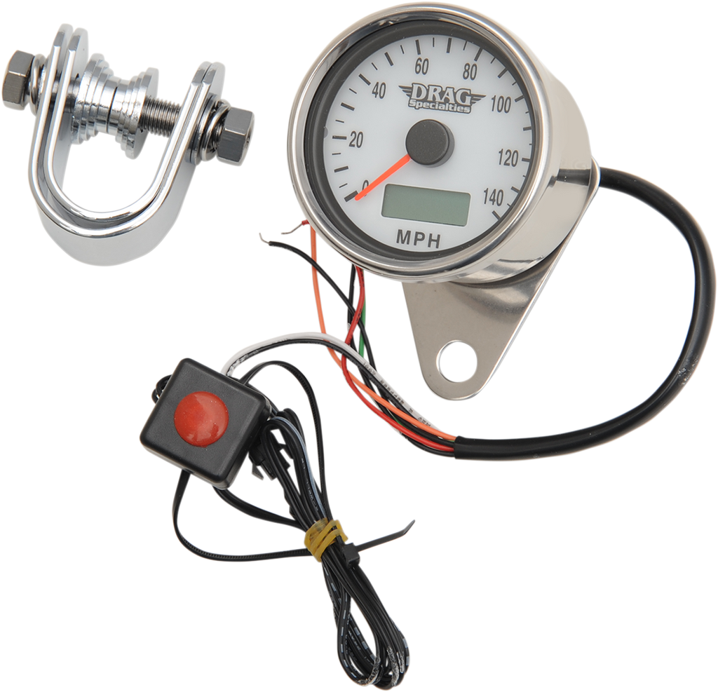 DRAG SPECIALTIES 2.4" MPH Programmable Mini Electronic Speedometer with Odometer/Tripmeter - Polished - White Face Programmable Mini Electronic Speedometer with Odometer/Tripmeter - Team Dream Rides